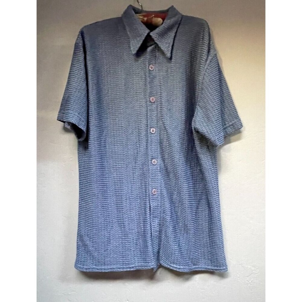 Positano Charles Lapson Mens Knit Button Up Shirt Large Blue Short Sleeve Casual